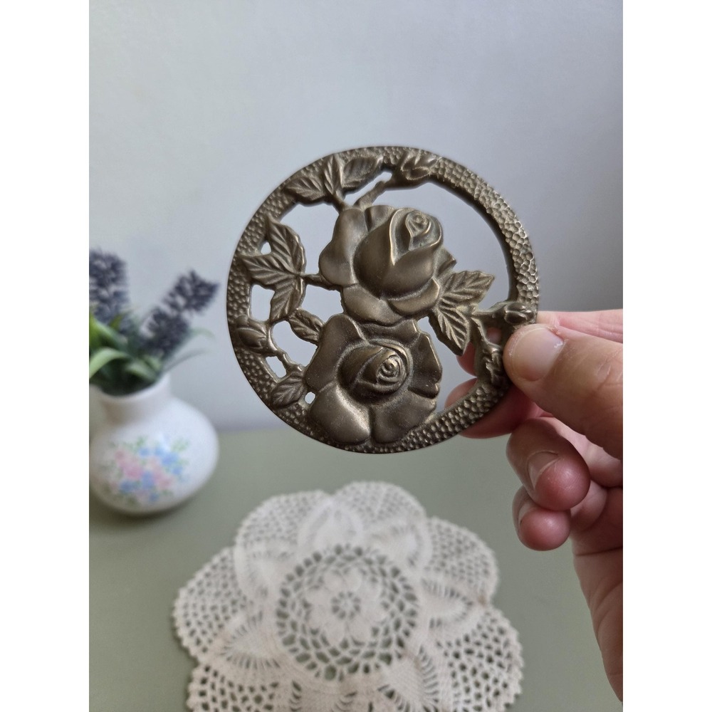 Vintage Brass Rose Floral Wall Ornament Round Decorative Applique